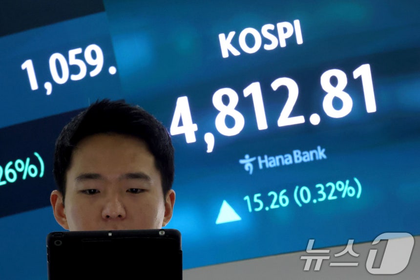 코스피가 장 시작과 함께 사상 처음으로 4800선을 넘어선 16일 오전 서울 중구 하나은행 딜링룸 현황판에 전장 대비 15.26포인트(0.32%) 상승한 4,812.81에 거래되고 있다.2026.1.16/뉴스1 ⓒ
