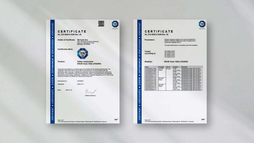 SK하이닉스 LPDDR5X ISO 26262 제품 인증서.(SK하이닉스 제공)