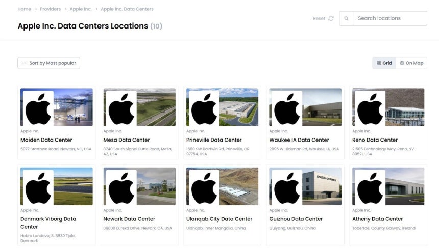 애플의 국제 데이터센터 설치 현황.미국·중국·덴마크·아일랜드가 포함됐지만 한국은 확인할 수 없다.(데이터센터즈닷컴(Datacenters.Com) 갈무리)