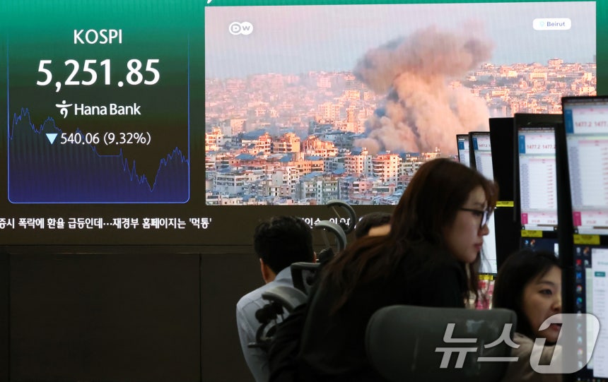 이란전쟁 여파로 코스피·코스닥에 서킷브레이커가 발동하는 등 증시가 급락한 지난 4일 서울 중구 하나은행 본점 딜링룸 전광판에 중동분쟁 관련 뉴스가 나오고 있다.2026.3.4 ⓒ 뉴스1 최지환 기자