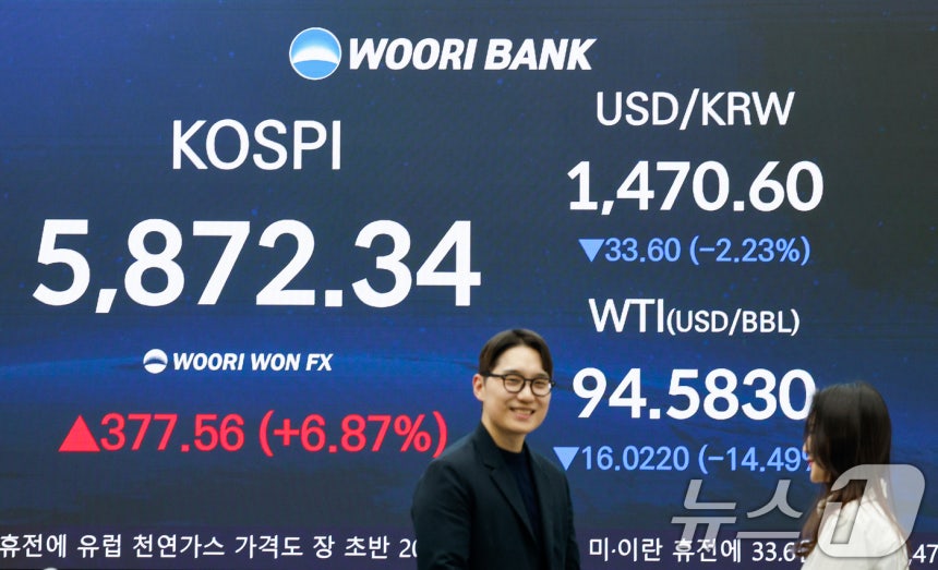 미국과 이란이 2주간 휴전에 합의하면서 코스피 지수가 7% 가까이 상승 마감한 8일 오후 서울 중구 우리은행 본점 딜링룸.2026.4.8 ⓒ 뉴스1 안은나 기자