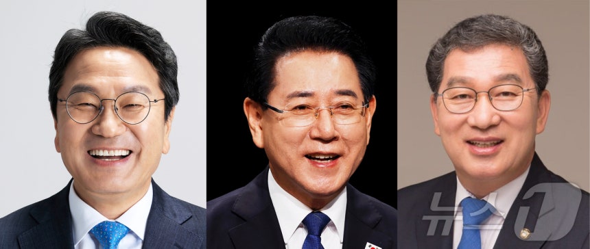 강기정 광주시장(왼쪽), 김영록 예비후보(가운데), 신정훈 의원(오른쪽) ⓒ 뉴스1