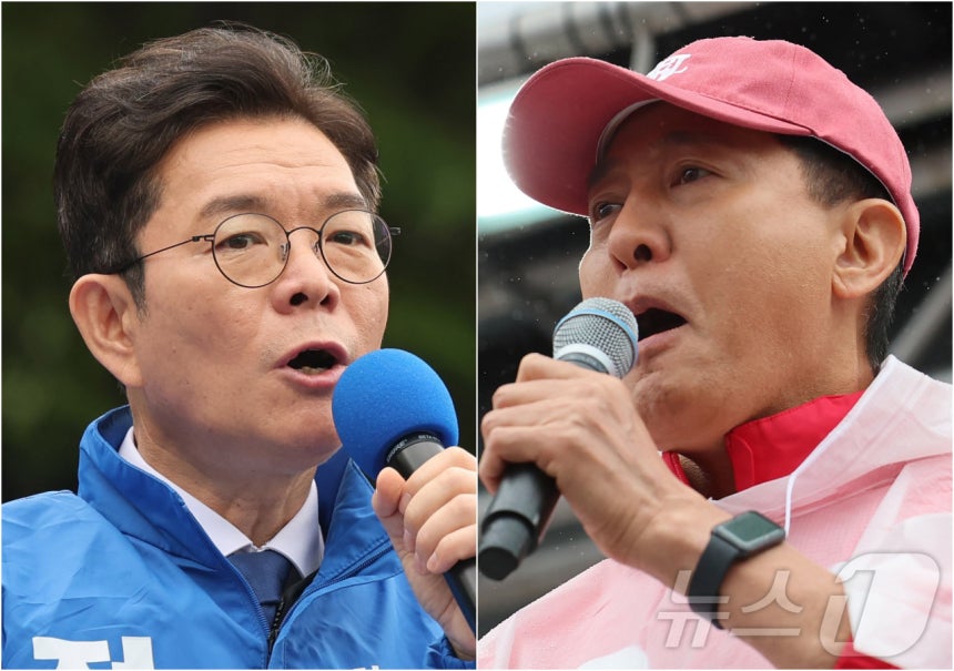 정원오 더불어민주당 서울시장 후보(왼쪽)와 오세훈 국민의힘 서울시장 후보가 제9회 전국동시지방선거 공식 선거운동이 시작된 21일 서울 성동구 왕십리역 광장과 강북구 삼양사거리에서 유권자들에게 지지를 호소하고 있다.