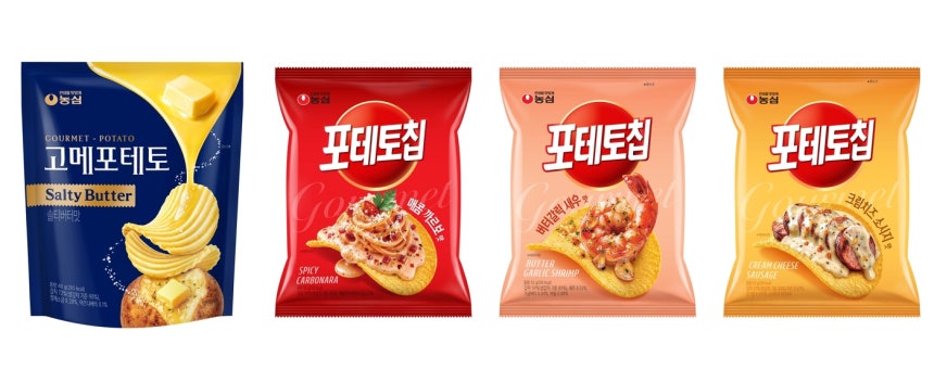 포테토칩 신제품 4종 모음 이미지(고메포테토 솔티버터맛, 매콤까르보맛, 버터갈릭새우맛, 크림치즈소시지맛).(농심 제공)