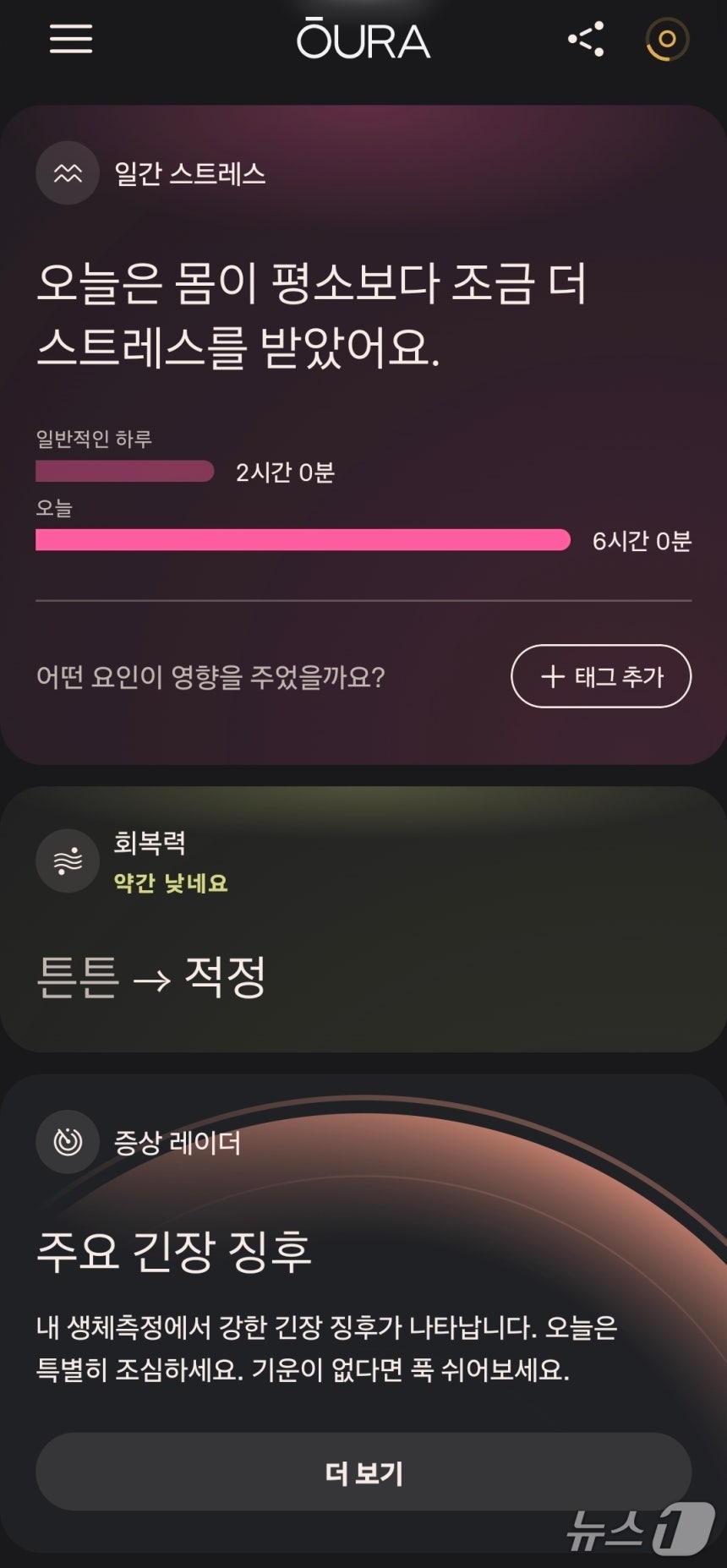 감기몸살로 열이 올랐던 날 측정된 스트레스 수치. 높은 체온과 불편한 몸 상태를 인식해 알림을 보냈다. /뉴스1