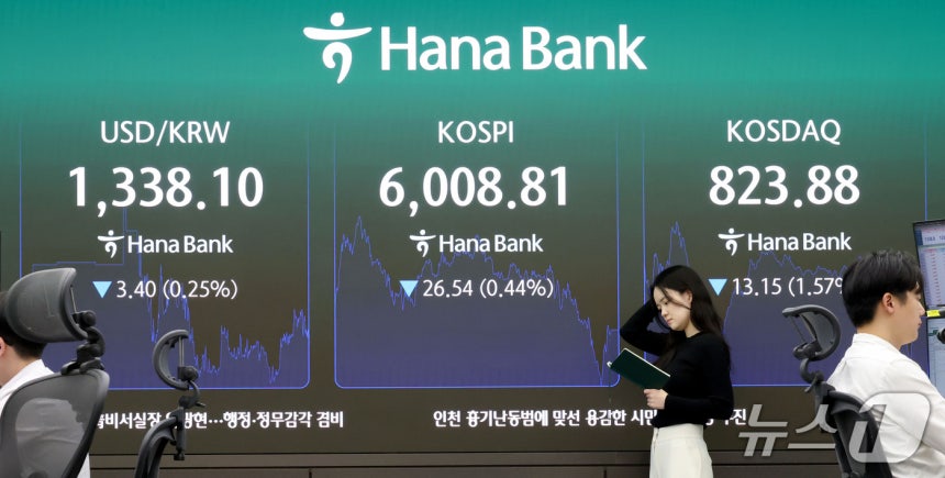 코스피가 6거래일 연속 하락 마감한 14일 오후 서울 중구 하나은행 본점 딜링룸 현황판에 전장대비 26.54포인트(0.44%) 하락한 6,008.81을 나타내고 있다. 2026.10.14 ⓒ 뉴스1 이광호 기자