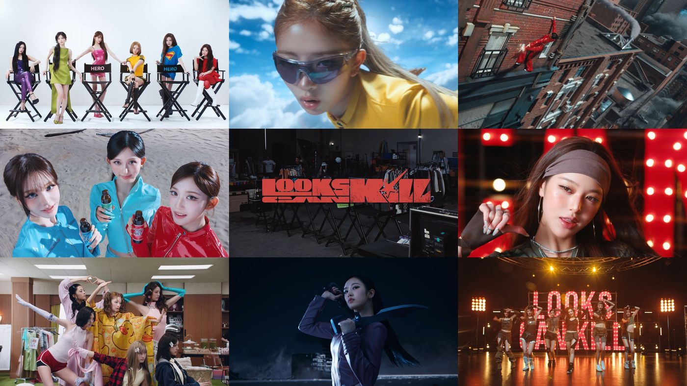 IVEのメンバーや「Looks Can Kill」のミュージックビデオ場面を並べたコラージュ