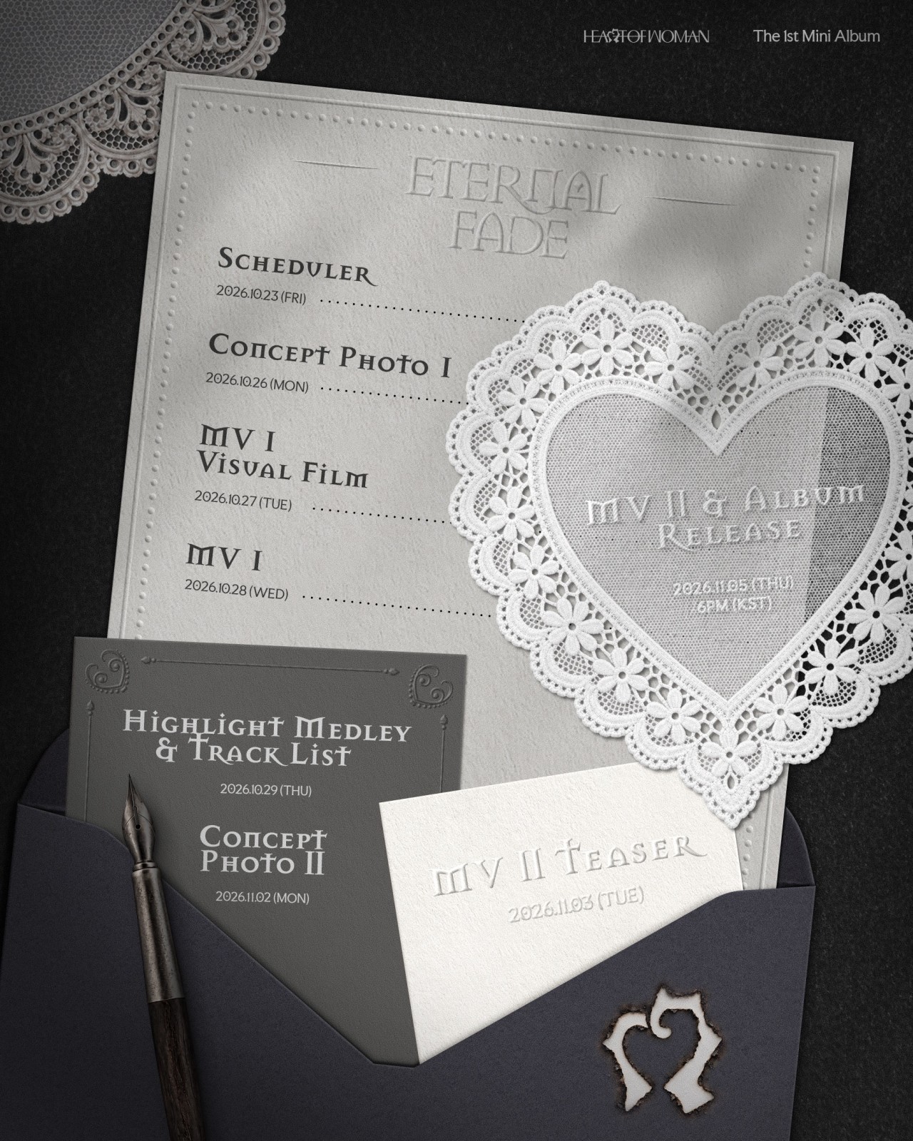 HEART OF WOMANの1stミニアルバム「ETERNAL FADE」のプロモーション日程を記した白黒のスケジューラーポスター