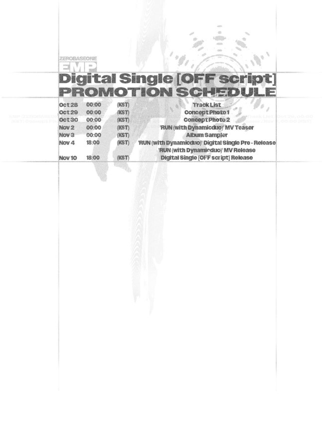 EMPのデジタルシングル「OFF script」のプロモーション日程画像。10月28日のトラックリスト公開から11月10日の発売までの日付が並ぶ