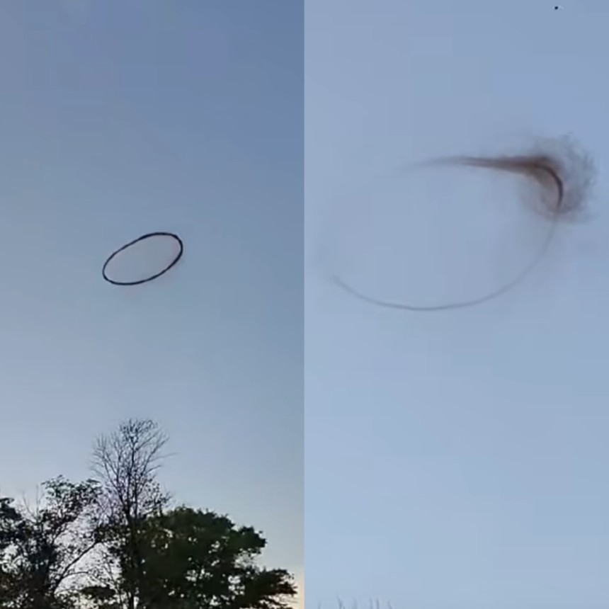 현지시간 5일 미국 캔자스주 보너 스프링스 상공에서 목격된 정체 불명의 검은 고리 [페이스북 Frankie Roman Camren 캡처]