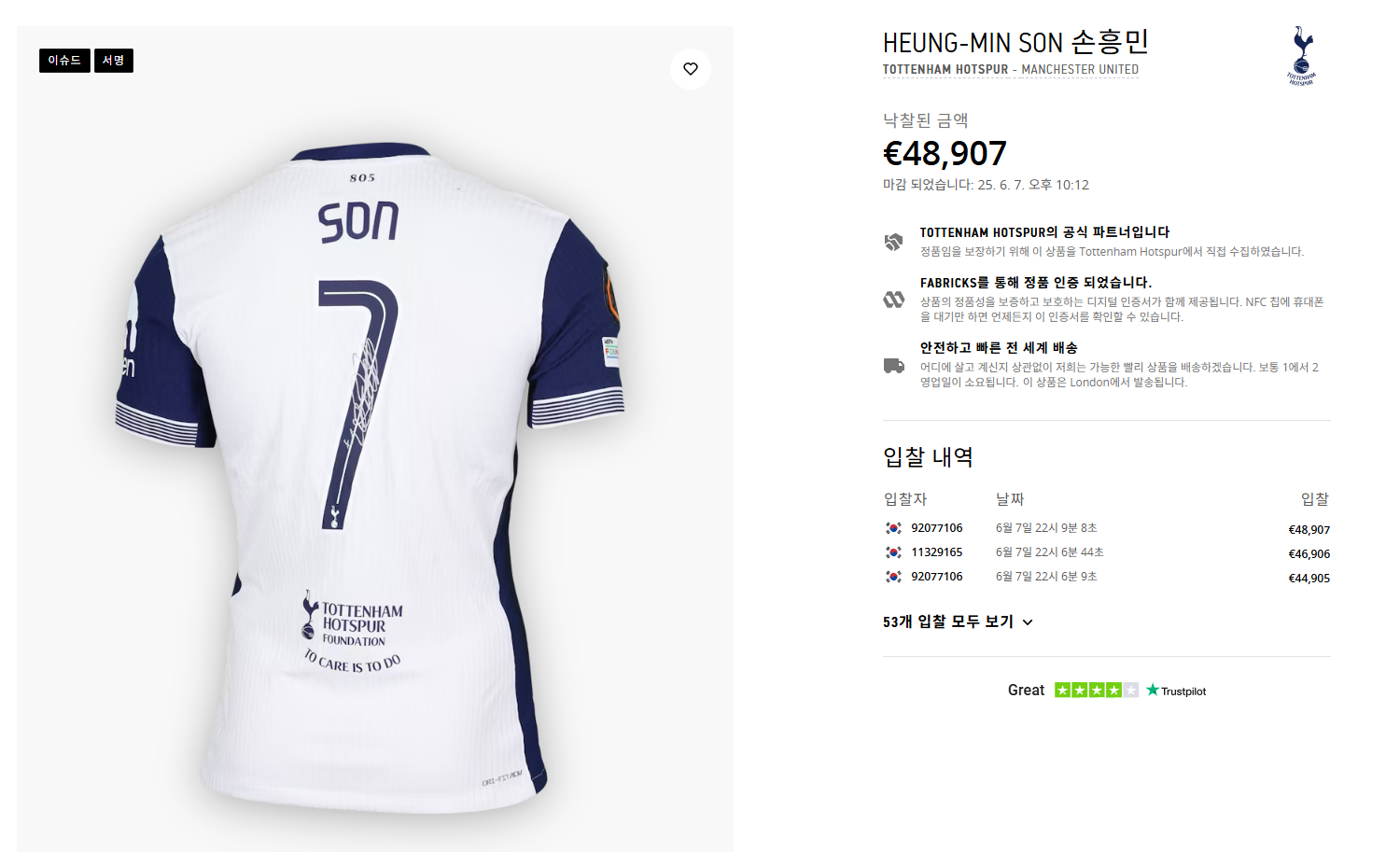 <b>손흥민 유로파</b>리그 <b>우승 유니폼</b>, 7,700만 원에 팔렸다