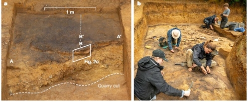 영국 동부 서퍽의 구석기 시대 유적지 바넘에서 발굴 중인 연구팀 [네이처 논문=연합뉴스 제공]