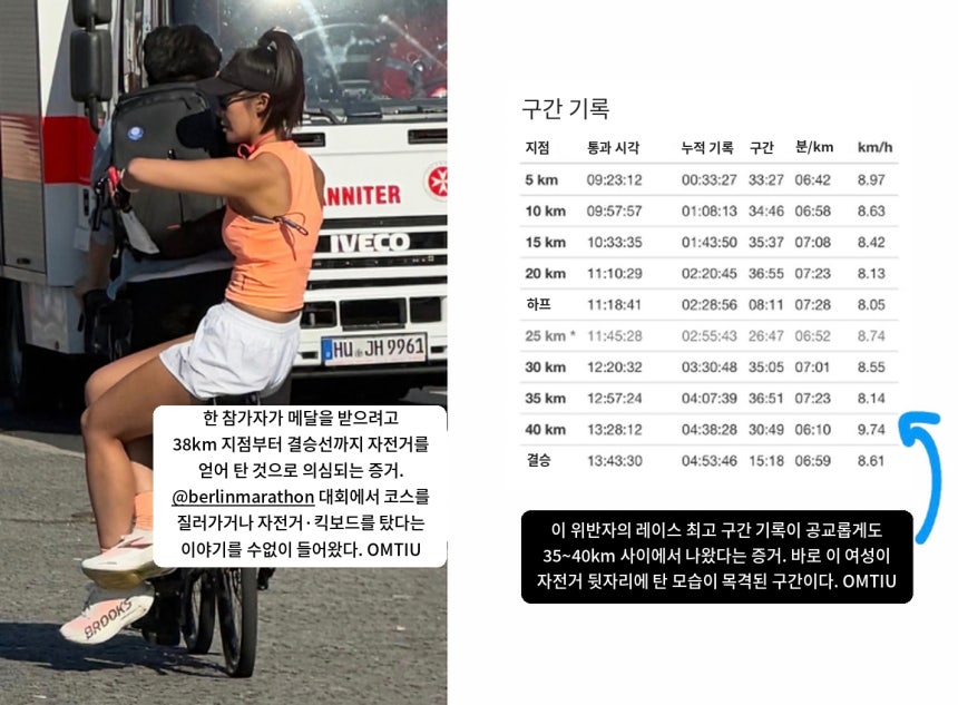 마라톤 경기 도중 자전거 뒷자리에 탄 모습이 포착된 중국 인플루언서의 사진과 문제를 제기한 단체의 제보 내용 번역문. [SNS 갈무리]