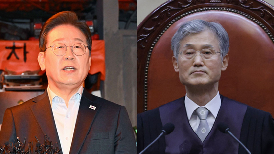 어제(1일) 이재명 더불어민주당 후보의 '공직선거법' 사건 선고 중인 조희대 대법원장(왼쪽)과 대법원 선고와 관련해 입장을 밝히고 있는 이 후보(오른쪽).(사진=연합뉴스)