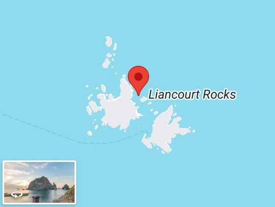 구글 지도에서 독도를 '리앙쿠르 암초'(Liancourt Rocks)로 표기한 이미지. 〈사진=서경덕 교수 페이스북 캡처〉