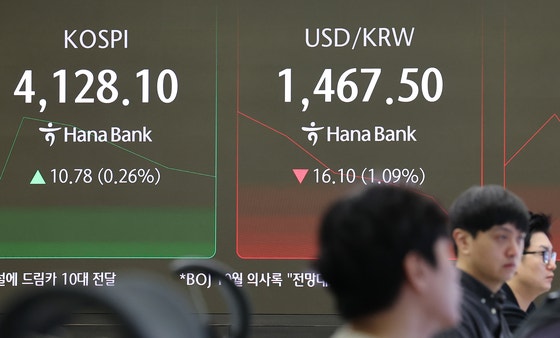 24일 오전 서울 중구 하나은행 본점 딜링룸 현황판에 코스피와 환율이 표시돼있다.원/달러 환율은 외환당국의 구두개입에 1,460원대 중반까지 급락했다.〈사진=연합뉴스〉