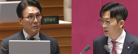 김민석 국무총리(왼쪽), 박충권 국민의힘 의원. 〈사진=JTBC 보도화면 캡처〉