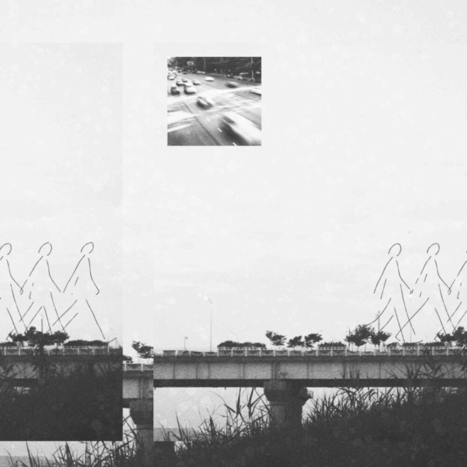 ナ・サンヒョンのEP『普通の日々』のジャケット。橋や街並みをモノクロで描いた写真が配されている