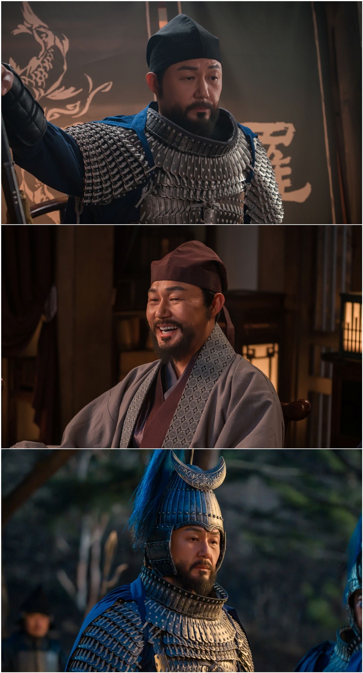 KBS2ドラマ「文武」でキム・ユシンを演じるパク・ソンウン。甲冑姿や穏やかな表情の場面写真