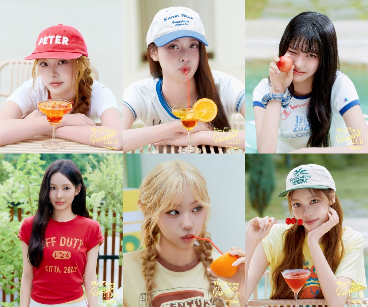 シーズングリーティング『VACATION CLUB with izna』の写真。iznaの6人が果物や飲み物を手に過ごす姿を並べたコラージュ