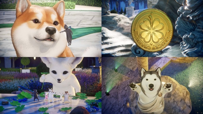 WeGoSixの「Lucky Charm」ミュージックビデオに登場する犬のキャラクターとコイン