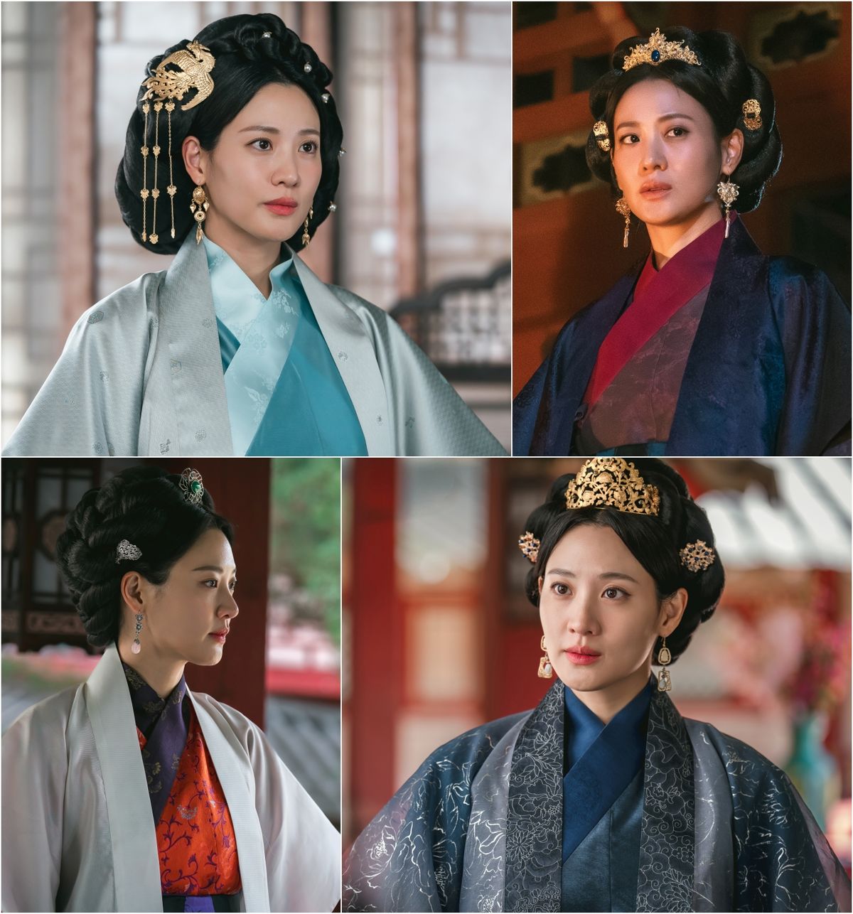 JTBC「神の珠」のスチール4点。高麗時代の衣装と冠を身に着けたスヒョンが、異なる表情を見せている。