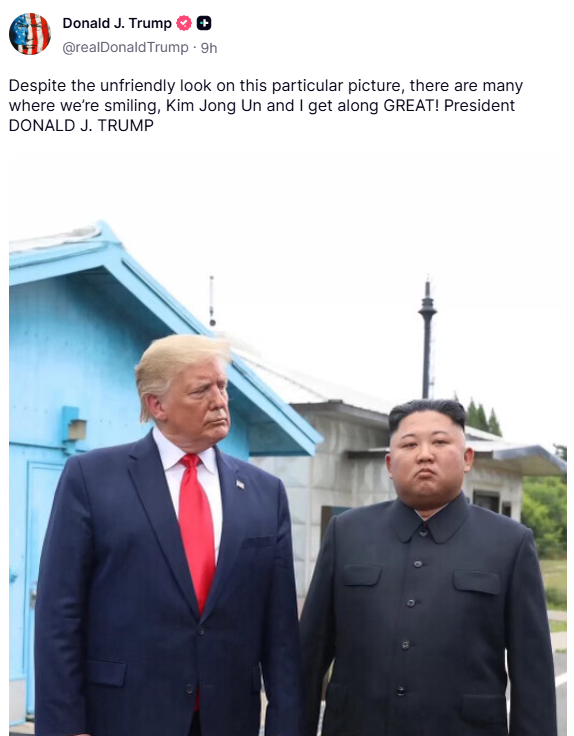 <b>트럼프</b>, 이번엔 '판문점 회동' 추억 소환…"<b>김정은</b>과 사이 좋다"
