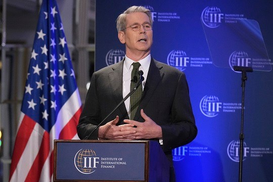지난달 23일(현지 시간) 스콧 베선트 미 재무부 장관이 워싱턴 DC에서 열린 국제금융연구소(IIF) 주최한 행사에서 연설하고 있다.사진=AP/뉴시스