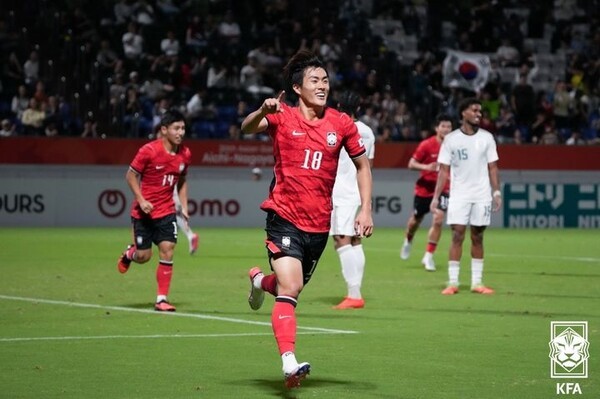 22일 일본 나고야 미즈호 공원 럭비경기장에서 열린 2026 아이치·나고야 아시안게임 남자 축구 조별리그 D조 2차전에서 이민성 감독이 이끄는 한국이 사우디아라비아에 2-0으로 이겼다. (▲아시안게임 남자국가대표팀 김명준). /사진=KFA