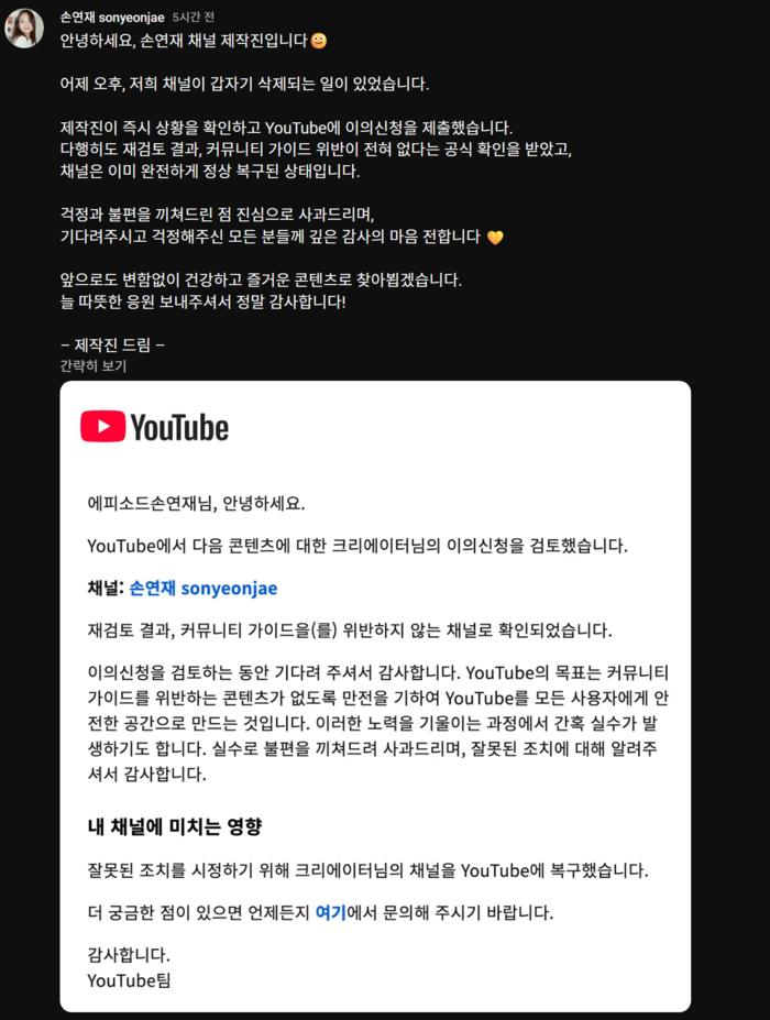 추측 난무했던 <b>손연재</b>, <b>채널</b> 삭제→<b>복구</b> 완료 “가이드 위반 아니다”