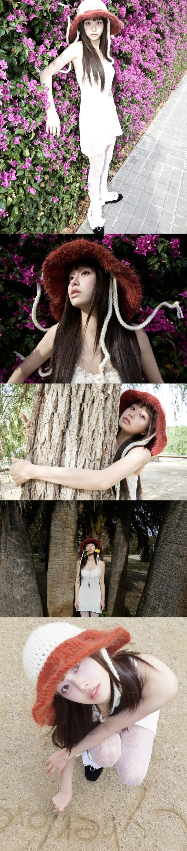 Chuu in white dress and knitted hat posing in nature for album teaser