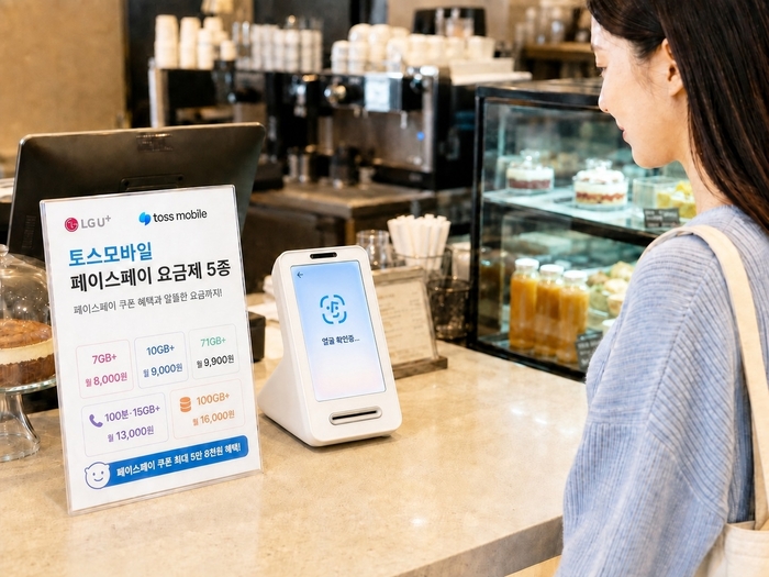 LG유플러스는 알뜰폰 통합 플랫폼 ‘알닷’에서 토스모바일과 함께 고객의 일상생활과 연계한 생활밀착형 제휴 요금제 프로모션을 확대한다고 17일 밝혔다. 사진은 토스 페이스페이 이용 장면을 AI로 생성한 이미지. 사진ㅣ