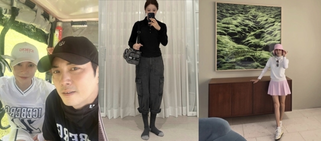 배우 차예련 주상욱 부부, 걸그룹 티아라 출신 효민, 배우 고소영(왼쪽부터) 등이 아이스버그골프를 착장하고 자신의 사회관계망서비스에 사진을 올려 화제를 모으고 있다. 사진 | 각 SNS 캡처