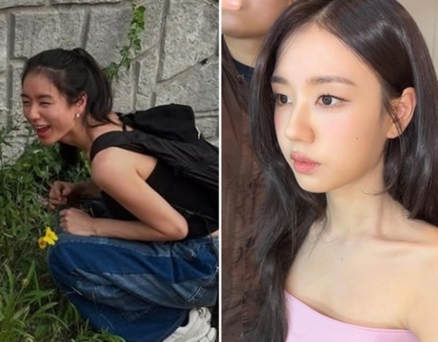 屋外で笑うアン・ウンジンと、ピンクのドレス姿でカメラを見るアン・ウンジンの写真