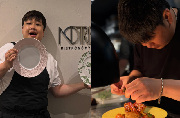レストランで皿を手にするユン・ナムノと、料理を盛り付ける姿を並べた写真