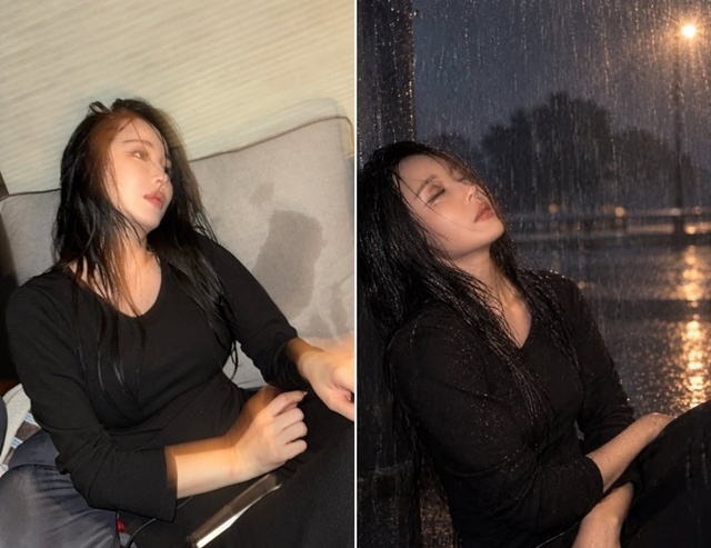 雨に濡れた黒い衣装と髪のまま車の座席で休むホン・ジニョンを並べた写真