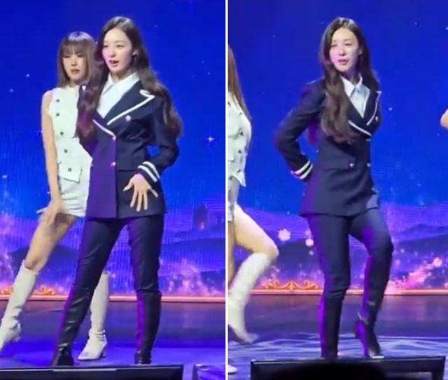 紺色の制服風衣装で少女時代の振り付けを踊るキム・ジウォン