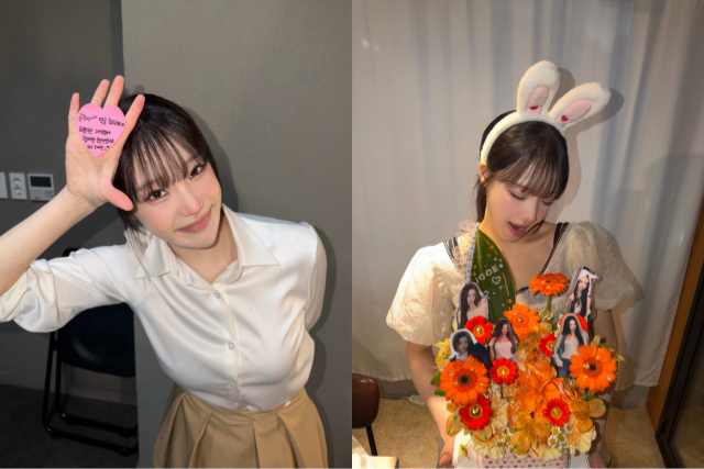 白シャツとベージュのスカート姿でハート形のメモを掲げるジュイと、花束を抱くジュイ