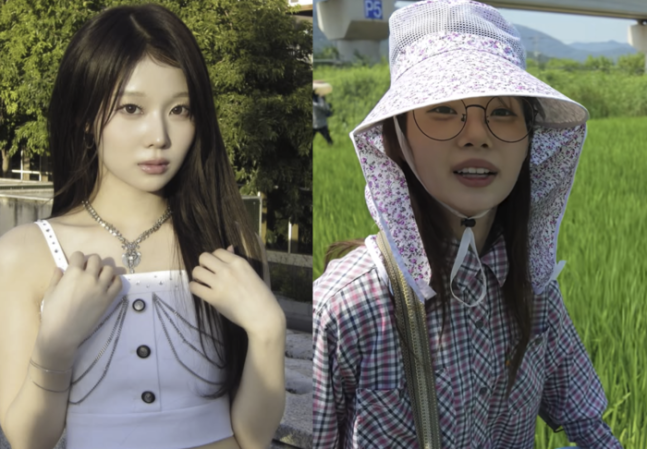 田んぼで農作業をするSAY MY NAMEのドヒと、ステージ衣装での姿を並べた写真