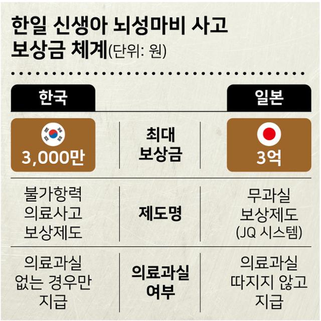 한국과 일본의 신생아 뇌성마비 사고 보상 시스템 비교. 그래픽=강준구 기자