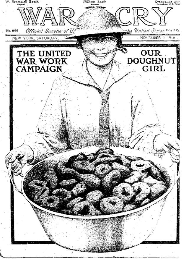 1918년 구세군 잡지 '워 크라이' 표지에 프랑스에서 복무 중인 미군 병사들에게 도넛을 전달하는 여성 자원봉사자가 묘사돼 있다. 위키미디어 커먼스