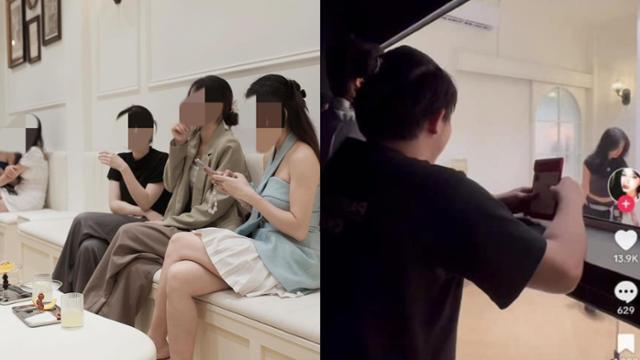 베트남 호찌민에 위치한 데이트 카페에서 여성들이 앉아있는 모습(왼쪽 사진)과 이를 바라보는 남성 모습. SNS 캡처