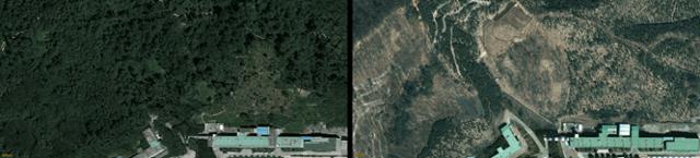 ‘편백나무 치유의 숲’, ‘무장애숲길’ 조성 사업 전후 봉산을 촬영한 위성사진. 왼쪽은 2011년, 오른쪽은 2022년 모습. 카카오맵 캡처