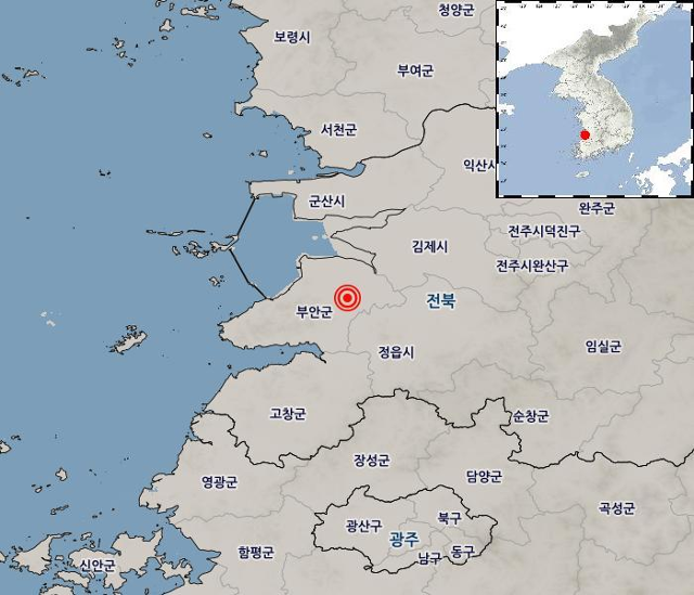 12일 오전 8시 26분 전북 부안군 남남서쪽 4㎞ 지점에서 규모 4.8 지진이 발생했다. 기상청 제공