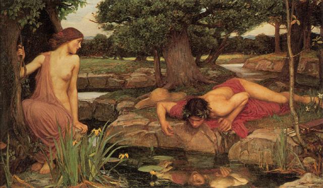 영국 화가 존 윌리엄 워터하우스의 '에코와 나르시스'. 그리스 신화 속 목동 나르시스가 자신을 간절하게 바라보는 에코를 외면한 채 물에 비친 자신의 모습에만 빠져 있다. 민음사 제공