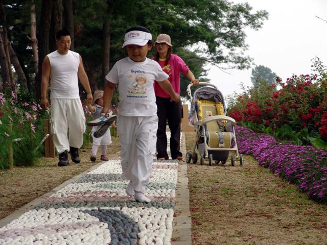 2005년 6월 22일 한 어린이가 경북 울진군 바이오산책로에 마련된 지압길에서 신발을 벗고 걷고 있다. 한국일보 자료사진