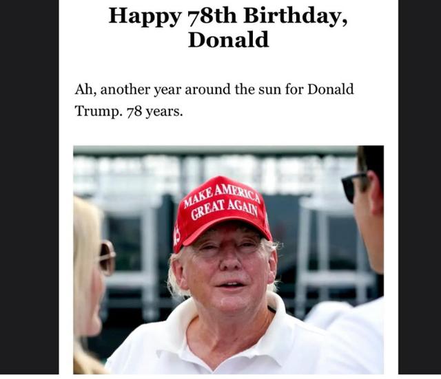 조 바이든 미국 대통령 지지자들이 78번째 생일을 맞은 트럼프 전 대통령을 조롱하며 공유하는 트럼프 전 대통령의 사진. 엑스(X) 캡처