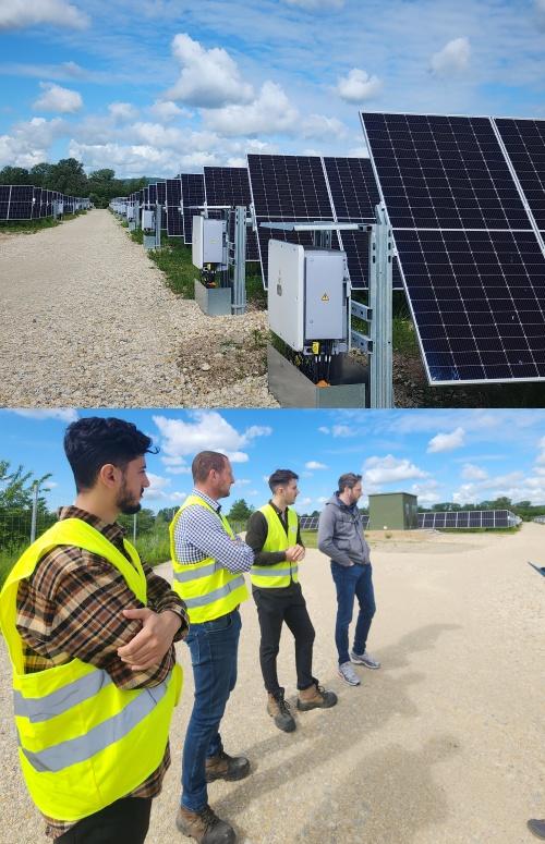 프랑스 오콩쿠르에 '토탈에너지'가 설치한 태양광 시설. (위 사진) 아래 사진은 지난달 28일 해당 시설을 안내한 토탈에너지 소속 직원들(안전조끼 착용)의 모습. 오콩쿠르(프랑스)=신은별 특파원