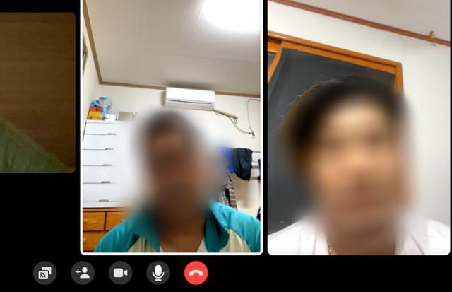 지난달 22일 사회관계망서비스 페이스북 영상통화로 네팔 미등록 이주민 B씨(오른쪽)와 인터뷰를 하고 있다. 정확한 상황 설명을 위해 네팔 출신의 한 이주노동자(왼쪽)가 통역을 돕고 있다. 화면 캡쳐