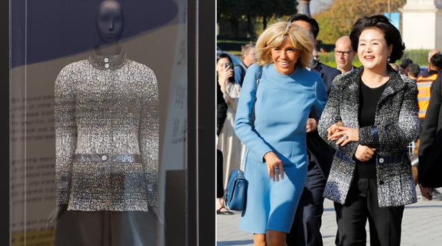 전시된 샤넬 재킷(왼쪽 사진)과 2018년 10월 15일 프랑스 순방 당시 김정숙 여사가 브리지트 마크롱 여사와 파리 루브르 박물관으로 입장하고 있는 모습. 연합뉴스